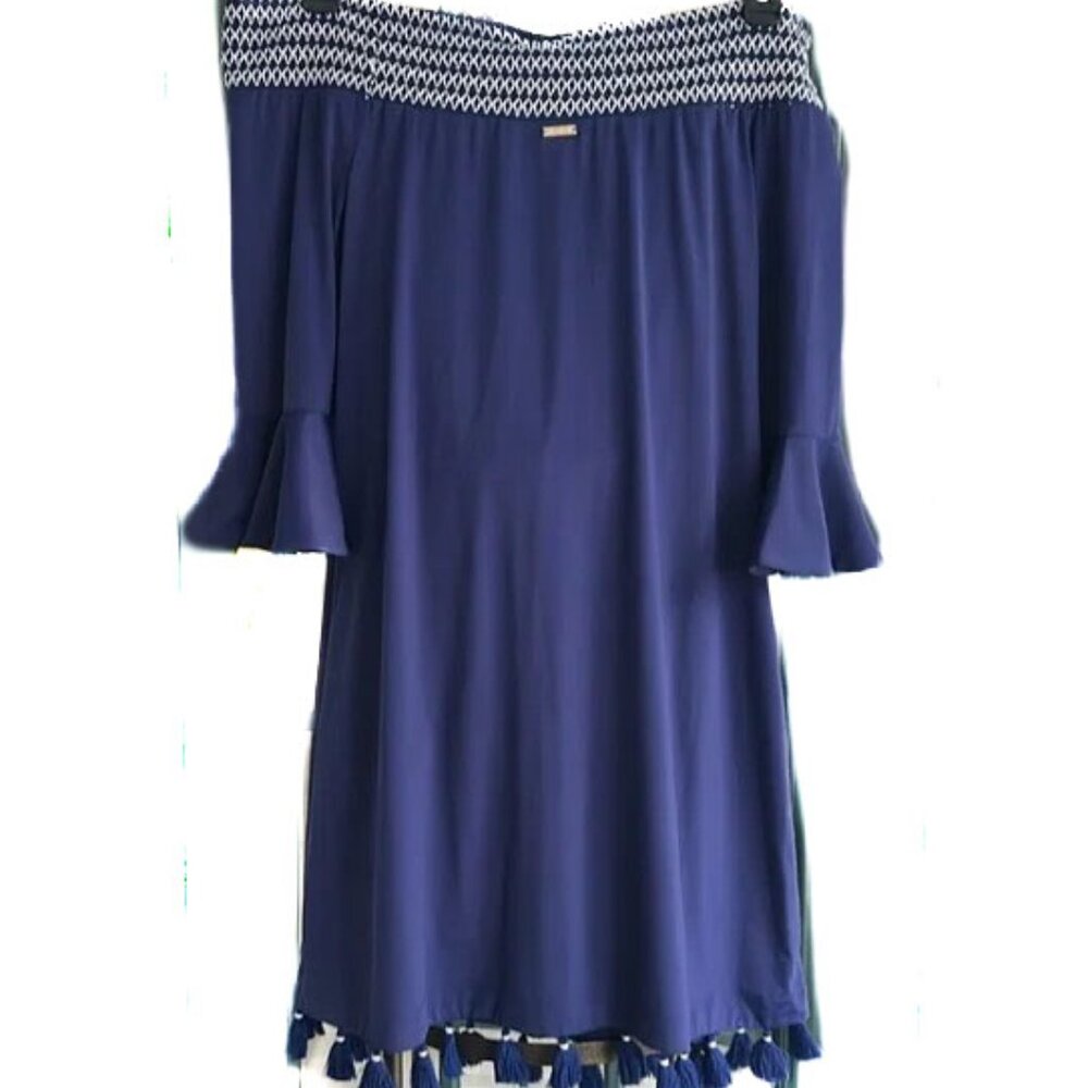 CABANA LIFE/Navy Embroidered Off The Shoulder Mini Dress Coverluxe Smocked Med - Picture 8 of 14